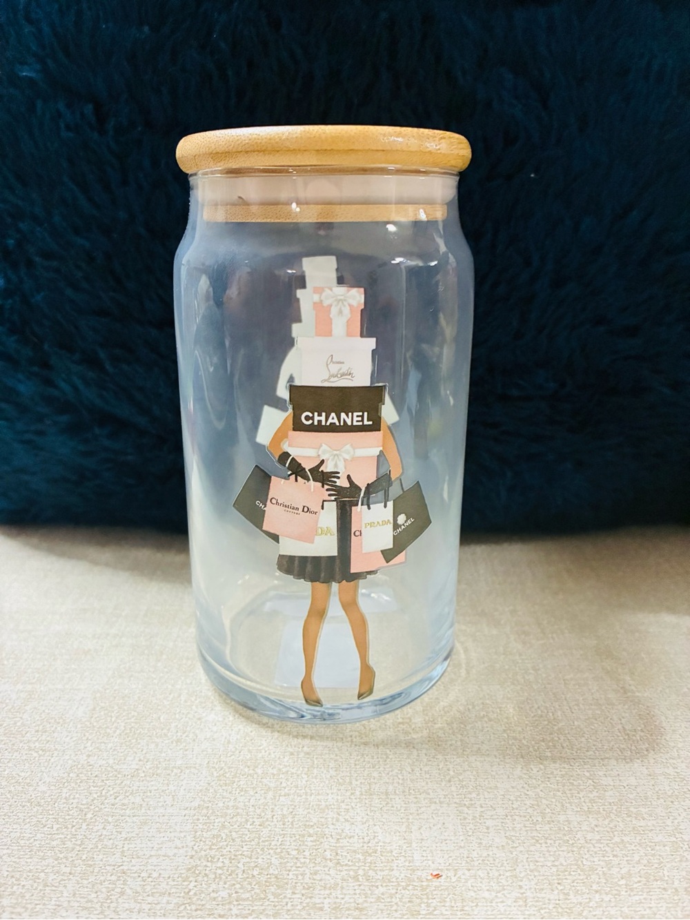Chanel and Dior Glass Jar with Fashion Shopper Artwork - Pink & Black Accents